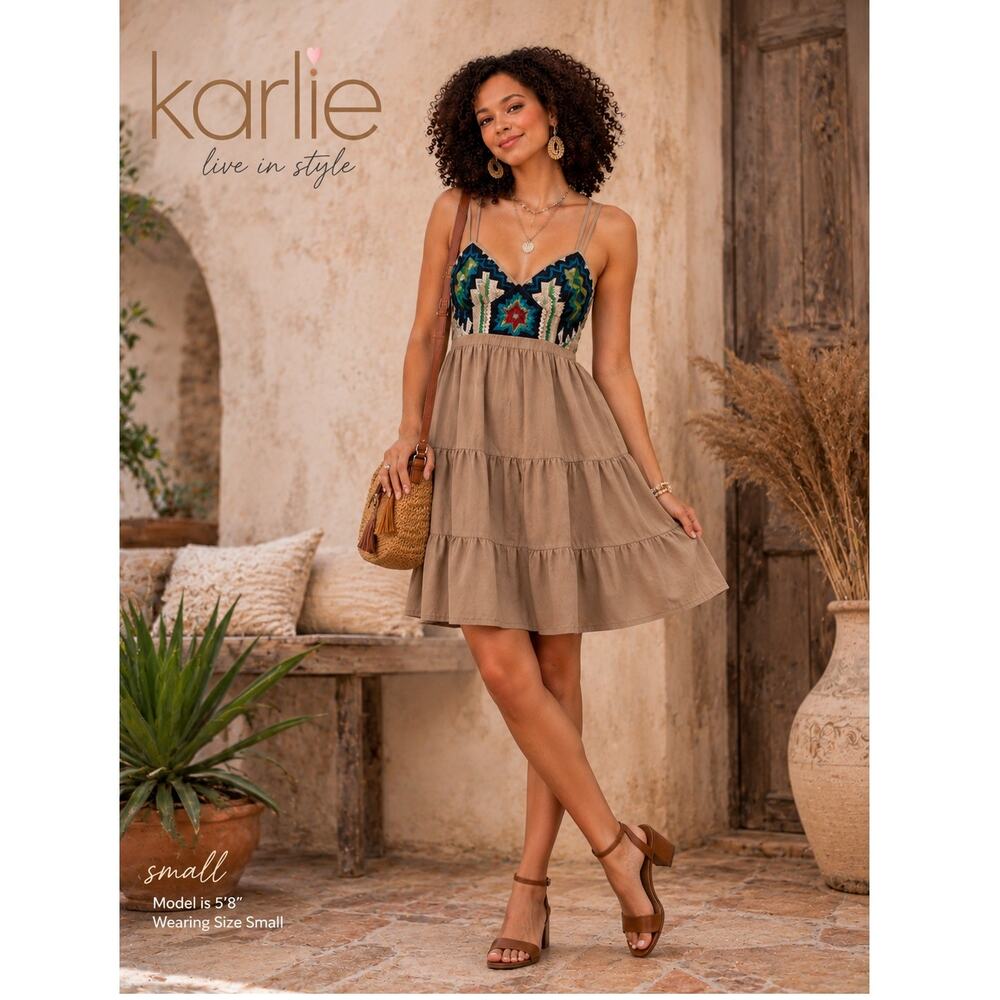 Karlie Size Small Embroidered Crochet Bodice Boho Mini Dress Taupe